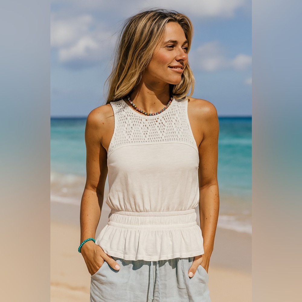 Lucky Brand Crochet Peplum Top Sleeveless Double Band Waist White XS 7WP6683 NWT - Picture 16 of 16